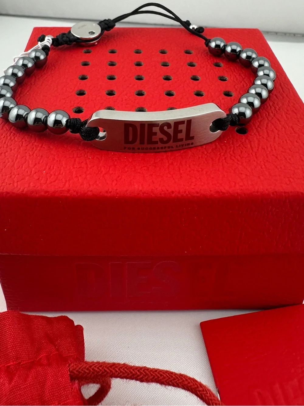 Diesel Hematite Beaded Logo Bracelet with Silver Plate